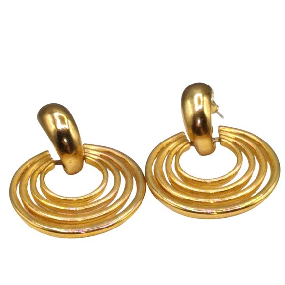 Vintage Modernist Spiral Earrings, Concentric Circles Door Knocker, Modern Art - Picture 2 of 4